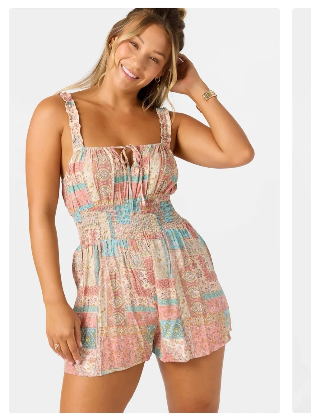 O'Neill Multicolor Paisley Smocked Romper in Coral, Teal & Cream - Picture 1 of 7